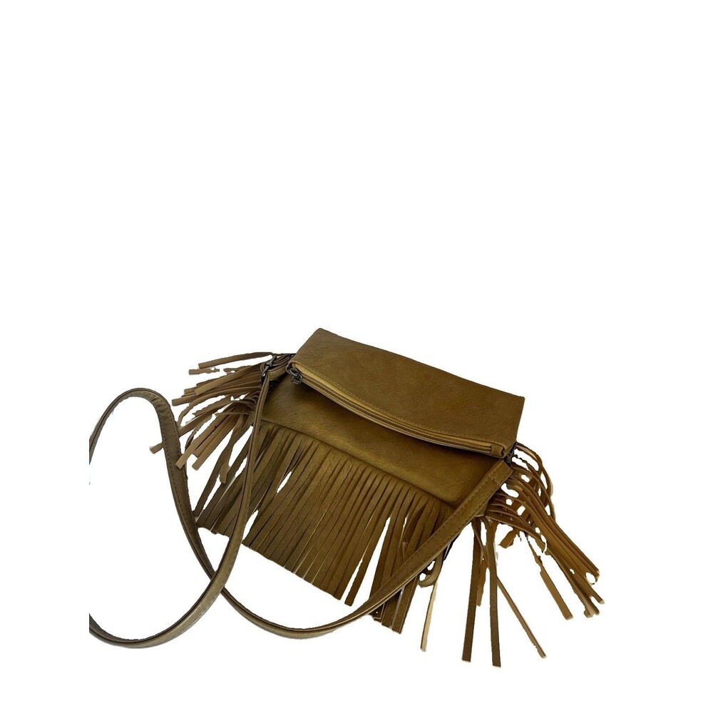 Tan Bohemian Fringe Crossbody Bag Zip Closure Detachable Adjustable Strap